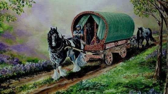 A painting of a nomadic, roaming family in a caravan with two horses on a country road to highlight a year (perhaps years) off work.